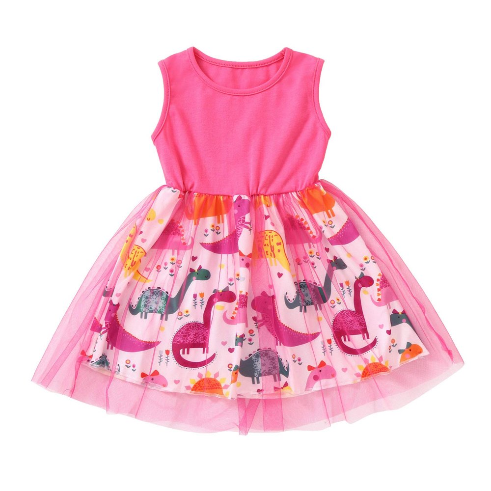 Digood Girls Dress&Skirt,Toddler Kids Baby Girls Sleeveless Patchwork Dinosaur Tulle Dress Party Press,for Kids Eaer Day Feival Birthday Gifts(Pink,5-6 Years),pink