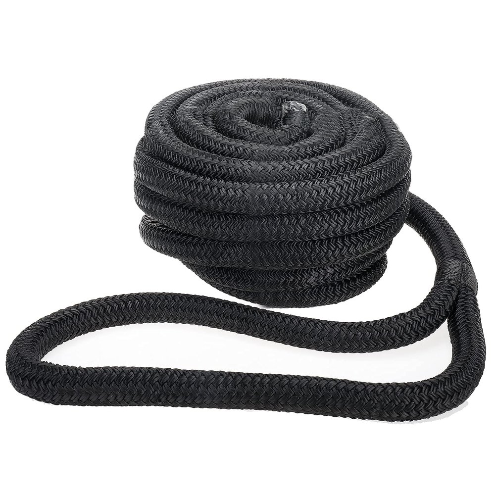 Amarine Made Dock Line, 1" X 35' Double Braided Thick Nylon Dock & Boat Ropes, 20" Loop, 130kN Load Capacity, Black