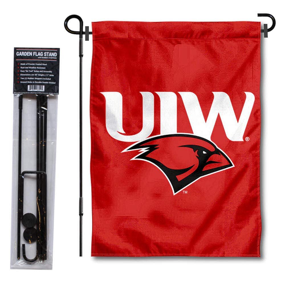 College Flags & Banners Co. UIW Cardinals Dual Logo Garden Flag and Flag Stand Pole Holder Set