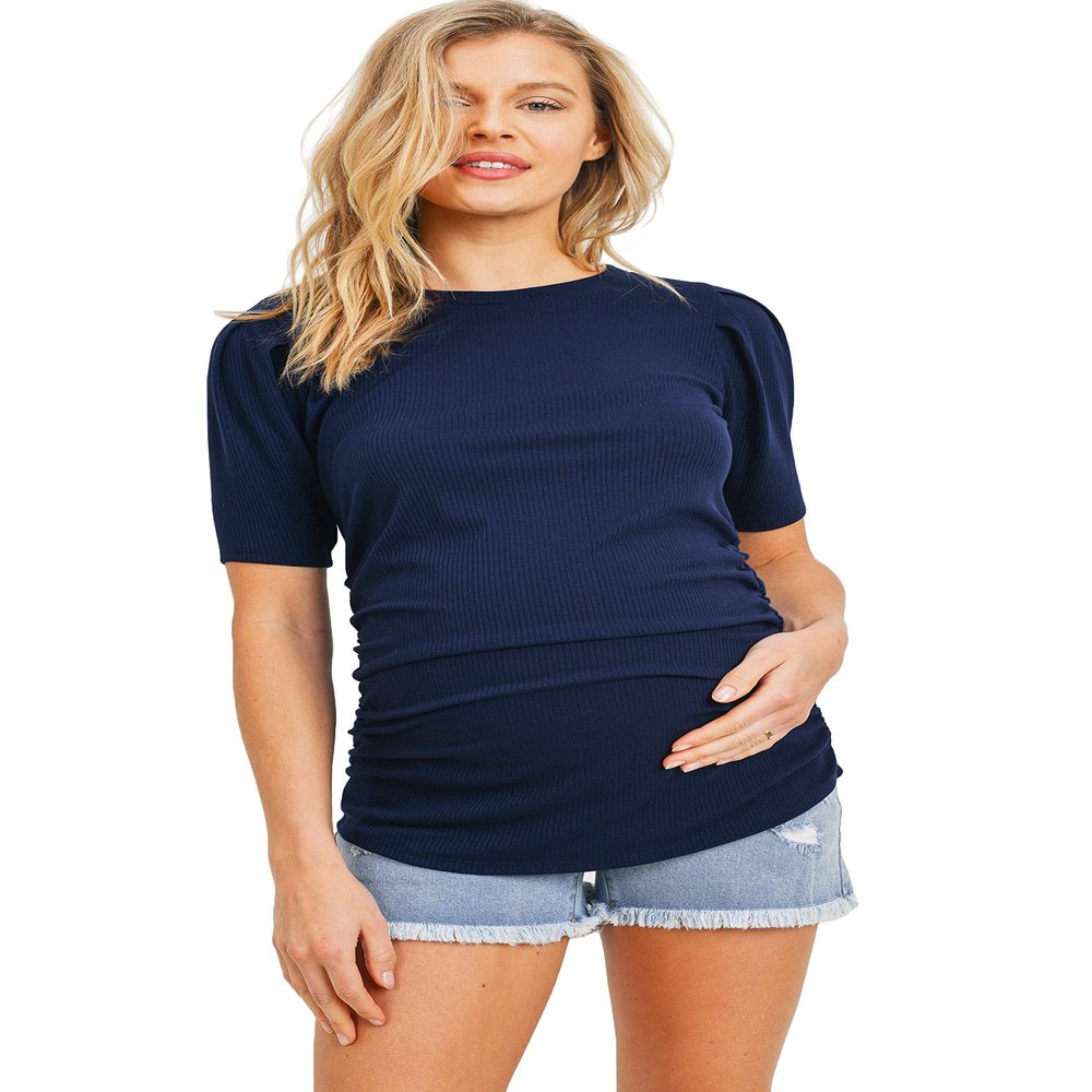 LaClef Women's Maternity Puff Sleeve Ribbed T-Shirt Top (Navy, Medium)
