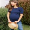 LaClef Women's Maternity Puff Sleeve Ribbed T-Shirt Top (Navy, Medium) view 3