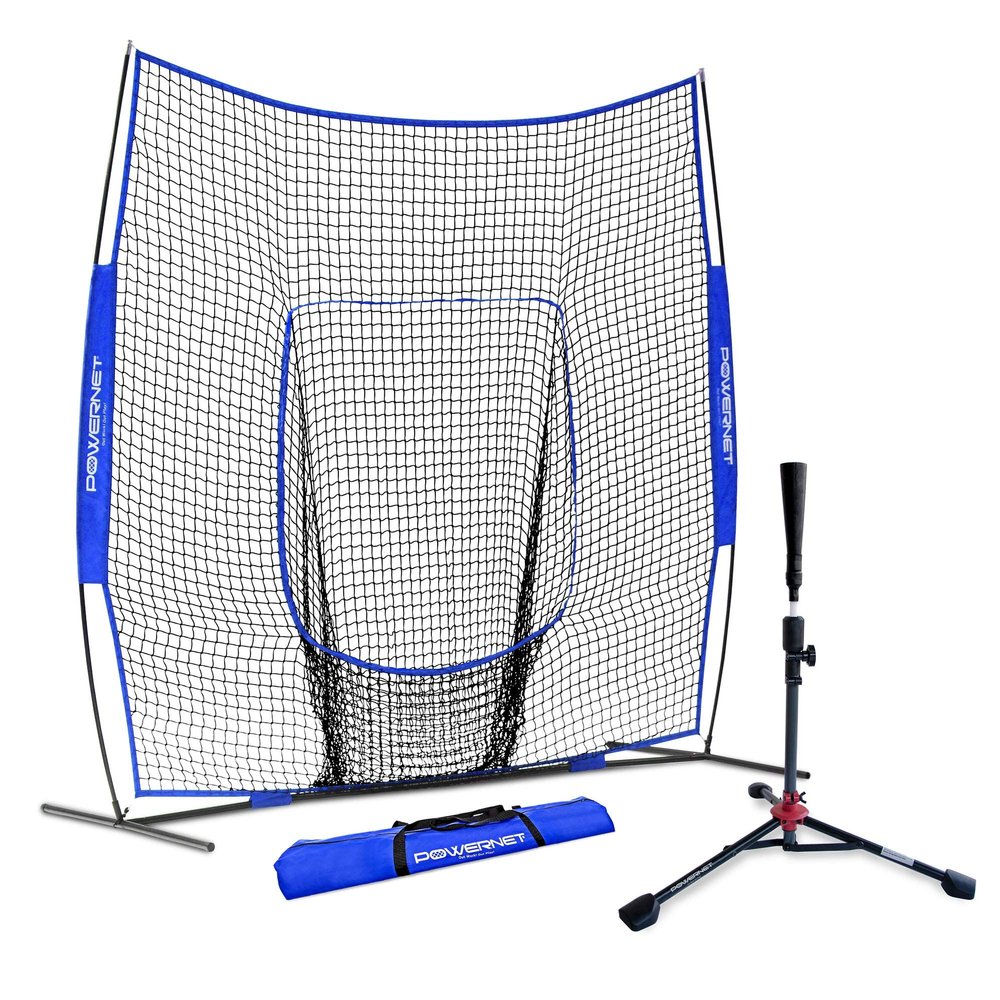 PowerNet Baseball Bundle, 8x8 FT Hitting and Pitching Net with Batting Tee, Softball & Baseball Training Equipment, Adjustable Batting Tee with Universal Fit, Portable Backstop (Royal Blue)