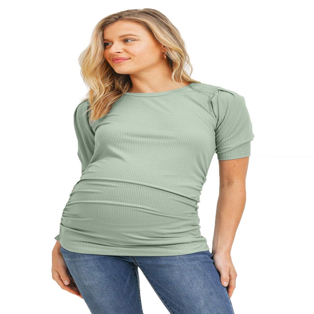 LaClef Womens Shirt Maternity Puff Sleeve Ribbed T-Shirt Top (Sage, Medium)