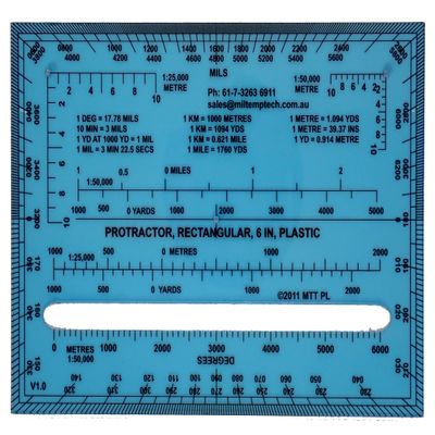 MTT PL - RA 6IN Rectangular Protractor with Degrees and mils, Graduated in Meters and Yards for Angle Measurements and Outdoor Navigation with map and Compass, Hiking, Orienteering and Survival.