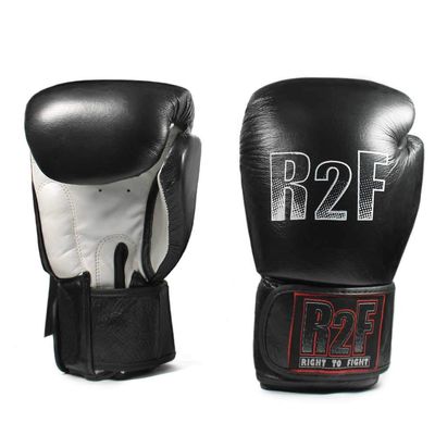 R2F Leather Leather Boxing Gloves with Wrist Supports | Right to Fight (Black, 16 Ounce)