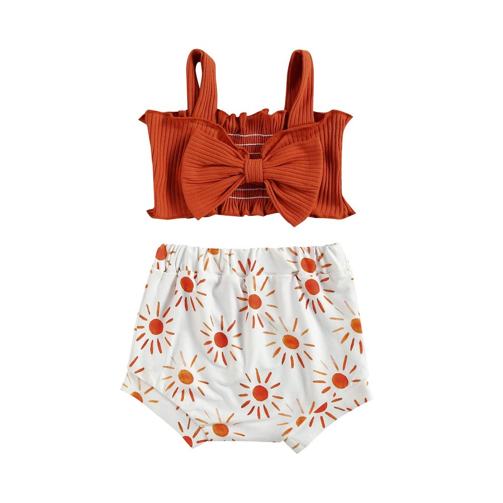 Fashion 2Pcs/Set Baby Girl Summer Outfits, Knitted Crop Tops with Big Bow Sun Rainbow Print Shorts (Caramel Sun, 6-12 Months)