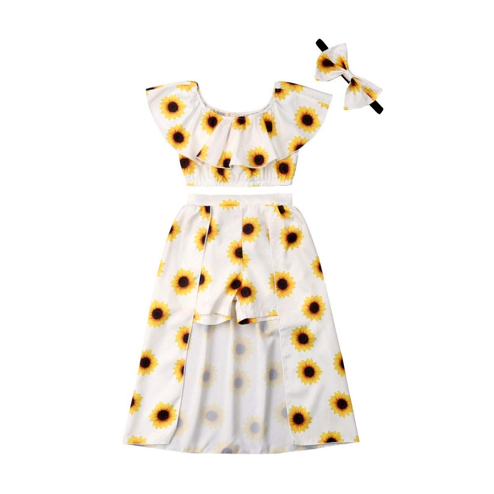 Toddler Baby Girls Summer Clothes 1-7Y Kids Girl Off Shoulder Crop Tops Ruffle Skirt Tutu Dress Outfits Set (Yellow&White, 2-3T)