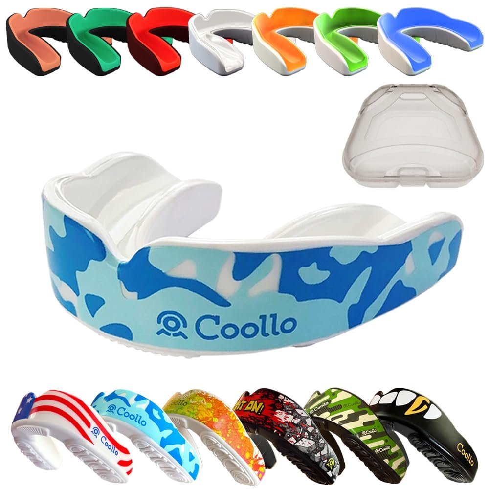 COOLLO SPORTS Boil and Bite Mouth Guard (Youth & Adult) DA Custom Fit Sport Mouthpiece for Football, Hockey, Rugby, Lacrosse,Boxing,MMA(Free Case Included!) (Camo -Blue, Adult -Ages 11 & Above)