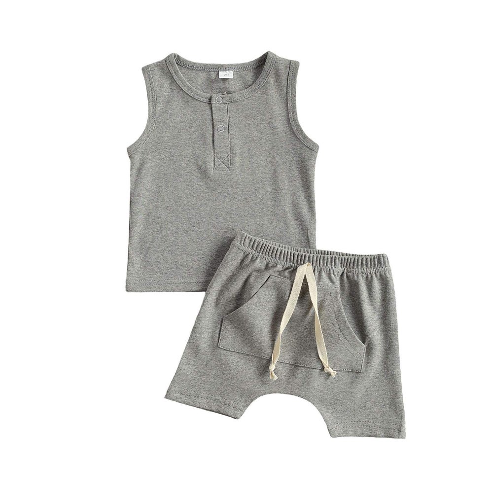 Ledy Champswiin Infant Baby Boy Summer Clothes Solid Outfit Button Cotton Tops Pocket Drawstring Shorts 2pcs (Grey, 6-9 Months)