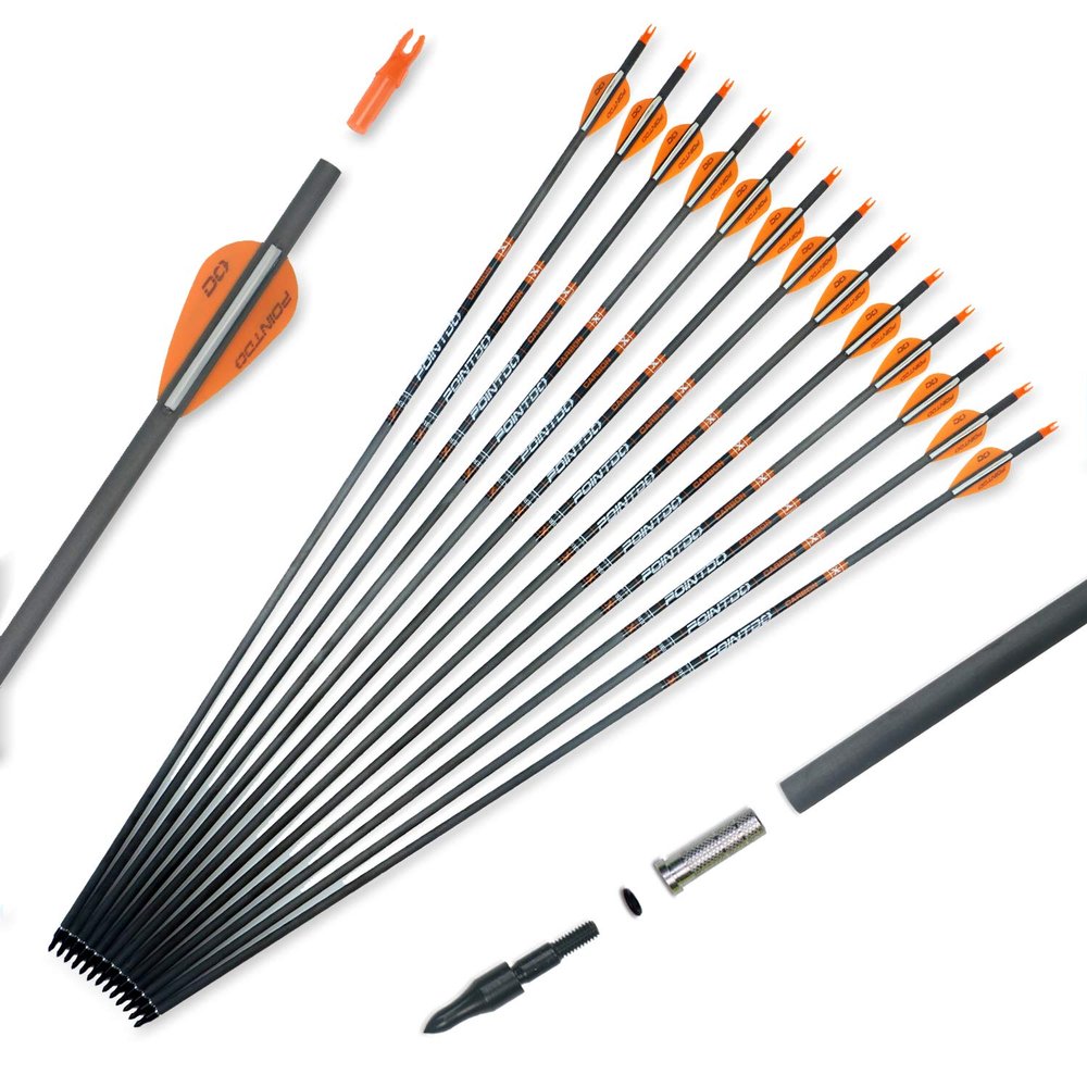 Pointdo 100% Carbon Arrow Practice Hunting Arrows with Removable Tips for Compound & Recurve Bow(Pack of 12) (32inch Orange White)