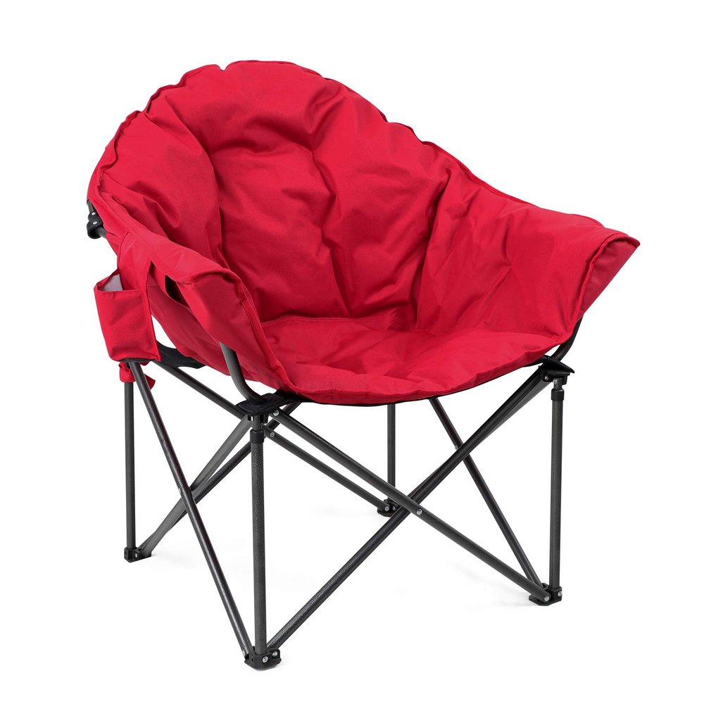 ALPHA CAMP Heavy-Duty Oversize Camping Chair Round Moon Saucer Chair Padded Folding Chair with Cup Holder and Carry Bag, Red