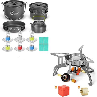 Odoland 39pcs Camping Cookware Mess Kit for 6 and More and 3500W Windrpoof Camp Stove Camping Gas Stove Kit