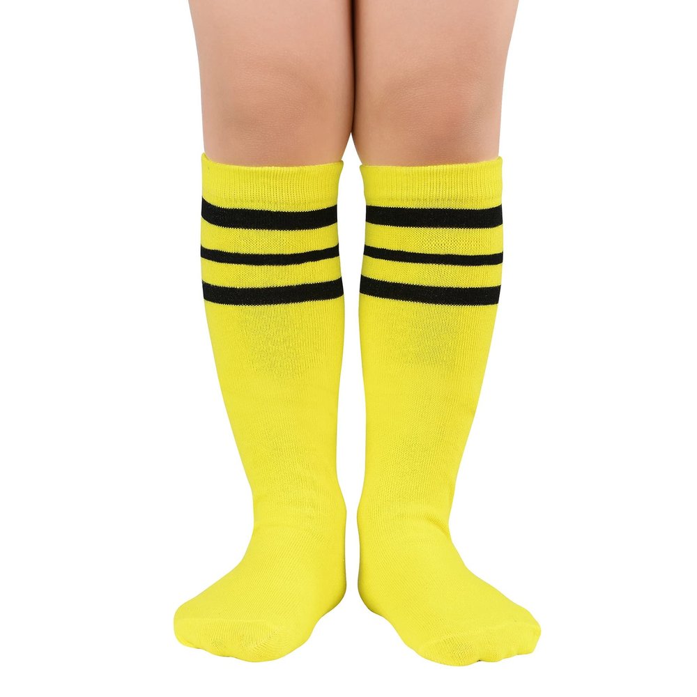 Zando Kid Soccer Socks Three Stripe Knee High Youth Softball Baseball Tube Compression Athletic Socks Children Halloween Cosplay for Boys Baby Girls Stockings 1 Pairs Yellow Black Striped 4-6 Years