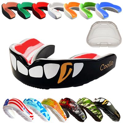 COOLLO SPORTS Boil and Bite Mouth Guard (Youth & Adult) DA Custom Fit Sport Mouthpiece for Football, Hockey, Rugby, Lacrosse,Boxing,MMA(Free Case Included!) (Cool Golden Fangs, Adult -Ages 11 & Above)