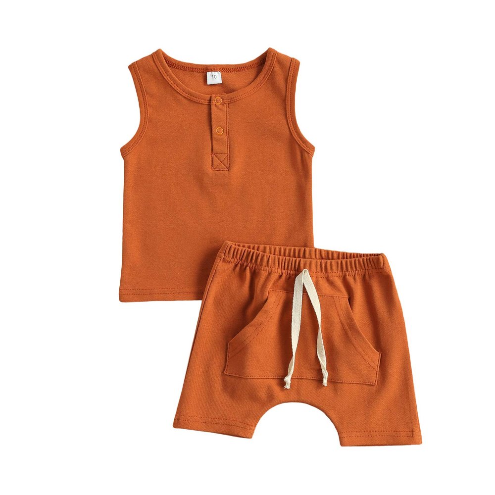 Ledy Champswiin Infant Baby Boy Summer Clothes Solid Outfit Button Cotton Tops Pocket Drawstring Shorts 2pcs (Brown, 0-6 Months)