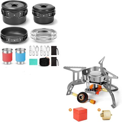 Odoland 15pcs Camping Cookware Mess Kit and 3500W Windrpoof Camp Stove Camping Gas Stove Kit