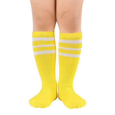 Zando Kid Soccer Socks Three Stripe Knee High Youth Softball Baseball Tube Compression Athletic Socks Children Halloween Cosplay for Boys Baby Girls Stockings 1 Pairs Yellow White Striped 4-6 Years