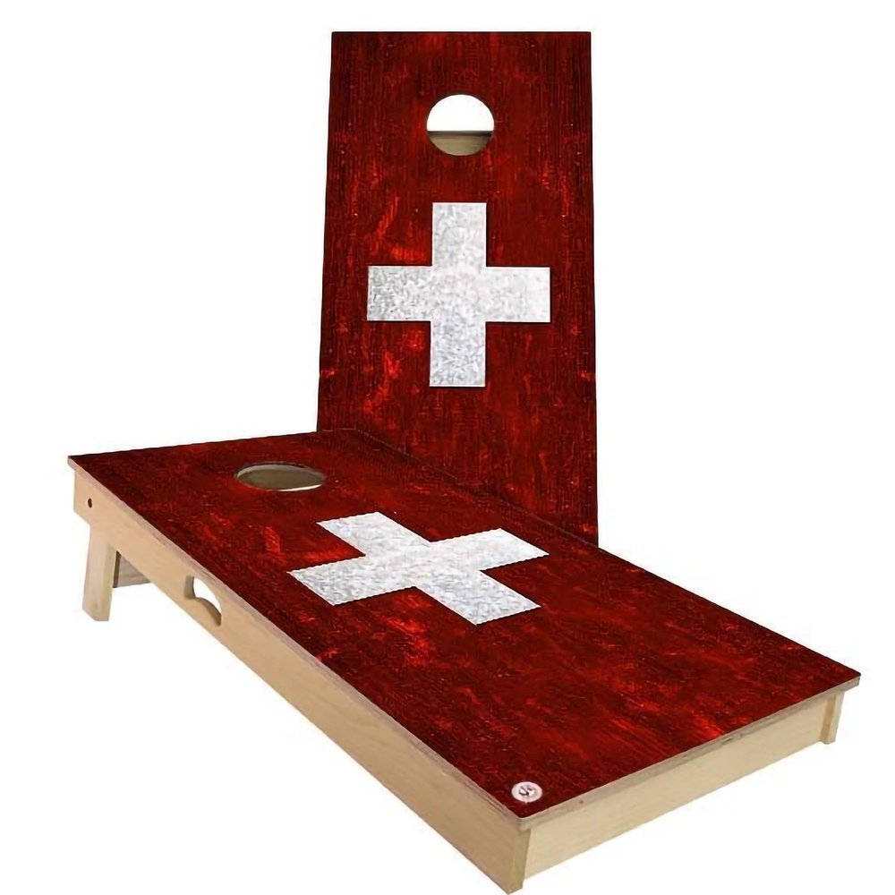 Skip's Garage Switzerland Flag All-Weather Cornhole Board Set - Regulation 2x4 (24" x 48") - Includes (2) Boards and (8) Bags