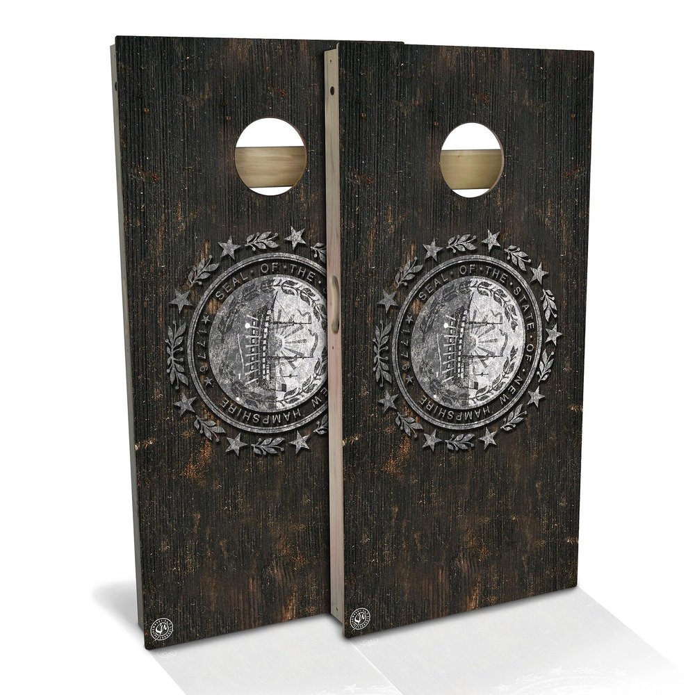 Skip's Garage New Hampshire Flag Rustic All-Weather Cornhole Board Set - Regulation 2x4 (24" x 48") - Includes (2) Boards, (8) Bags, (2) Board Hole Lights & 2 Board Edge Lights