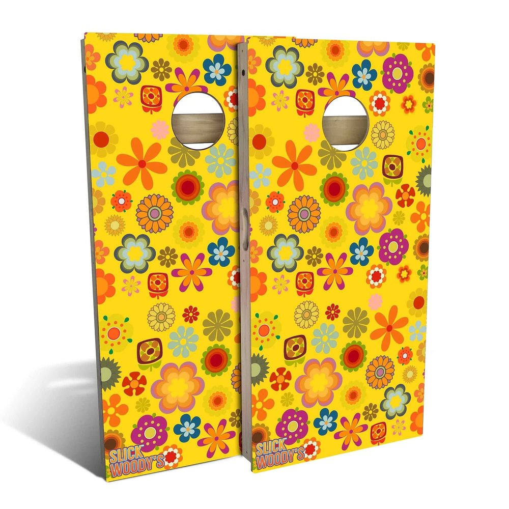 Skip's Garage 70s Flower All-Weather Cornhole Board Set - Regulation 2x4 (24" x 48") - Includes (2) Boards and (8) Bags