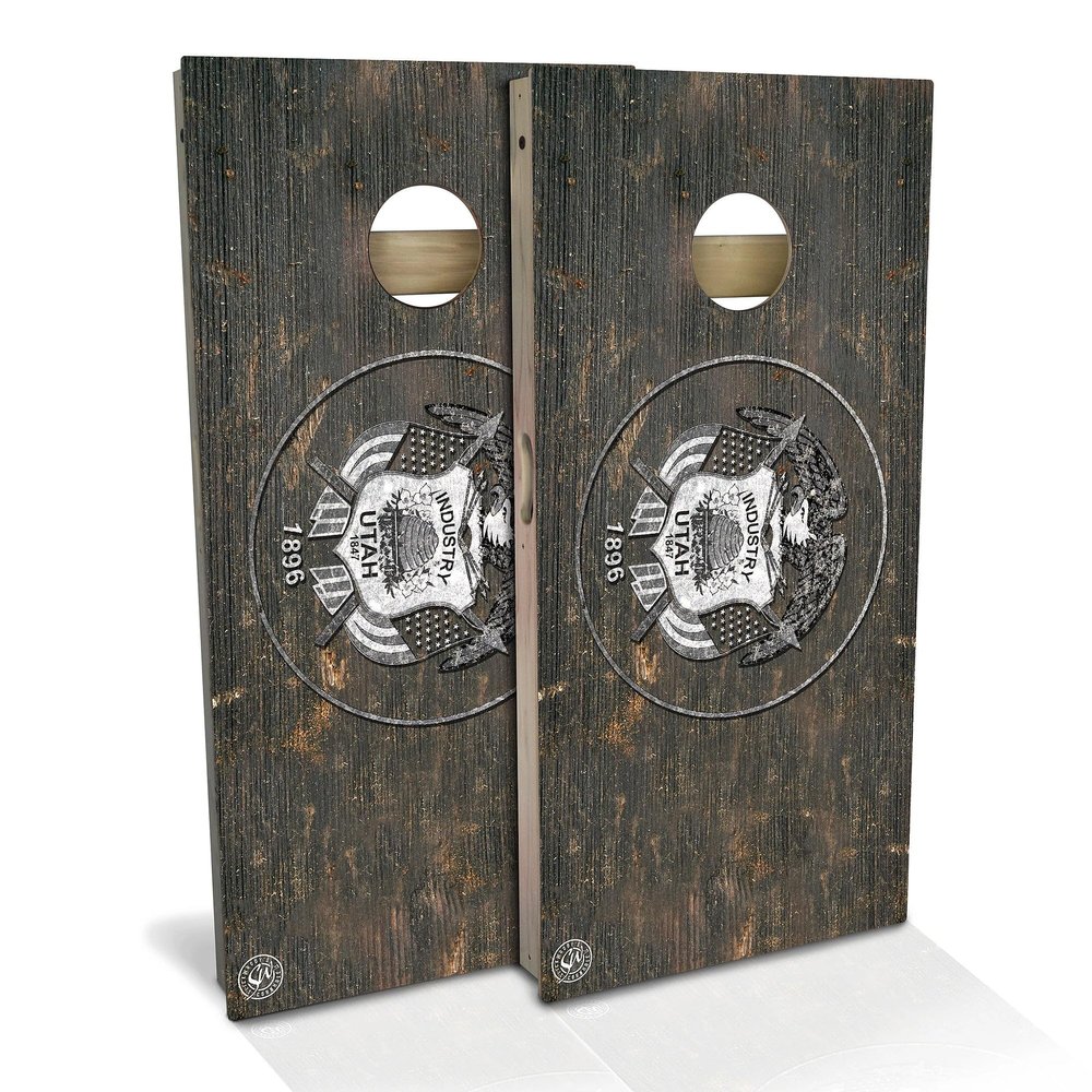 Skip's Garage Utah Flag Rustic All-Weather Cornhole Board Set - Regulation 2x4 (24" x 48") - Includes (2) Boards, (8) Bags, Case & Lights