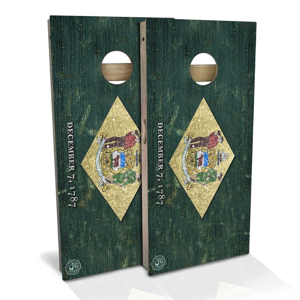 Skip's Garage Delaware Flag All-Weather Cornhole Board Set - Regulation 2x4 (24" x 48") - Includes (2) Boards, (8) Bags, (2) Board Hole Lights & 2 Board Edge Lights