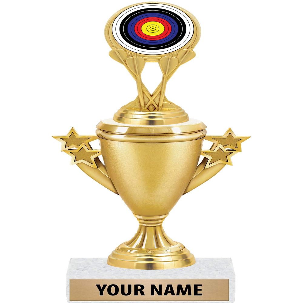 Archery Target Trophies - Gold - Archery Target Trophy Award - Custom Engraving On White Marble Base - 5 Pack