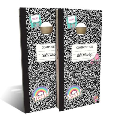 Skip's Garage 90s Notebook All-Weather Cornhole Board Set - Regulation 2x4 (24" x 48") - Includes (2) Boards, (8) Bags & (2) Board Edge Lights