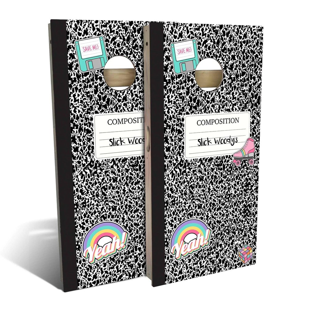 Skip's Garage 90s Notebook All-Weather Cornhole Board Set - Regulation 2x4 (24" x 48") - Includes (2) Boards, (8) Bags & (2) Board Edge Lights