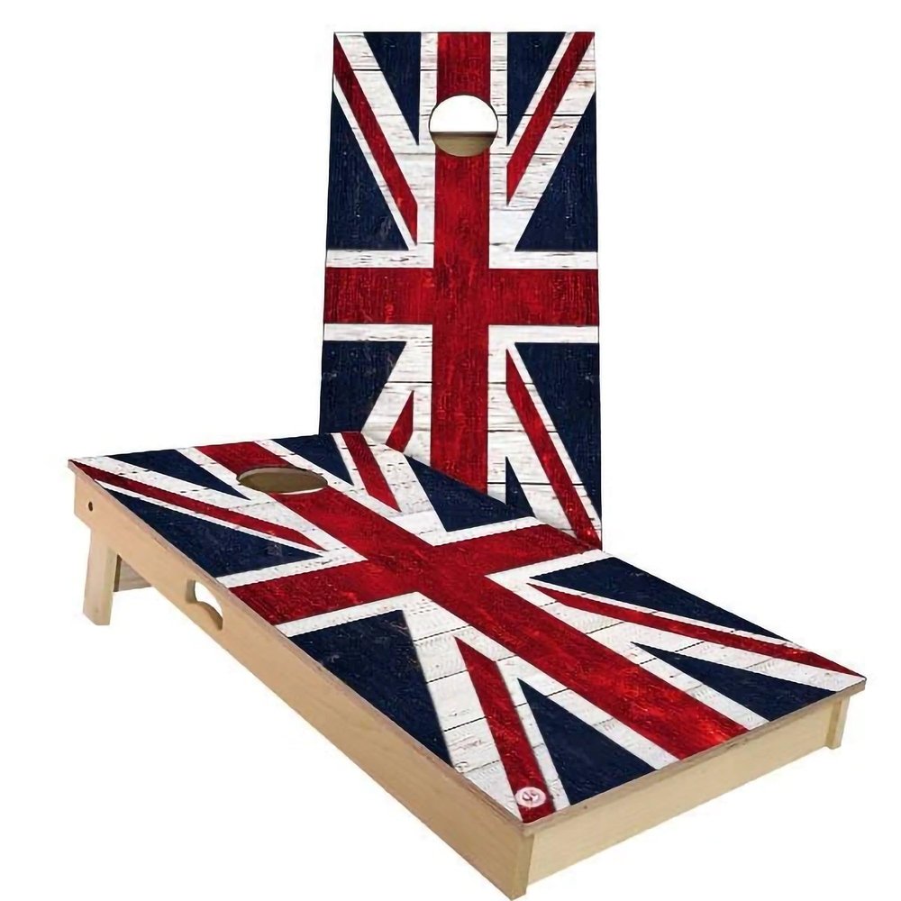 Skip's Garage United Kingdom Flag All-Weather Cornhole Board Set - Regulation 2x4 (24" x 48") - Includes (2) Boards, (8) Bags, (2) Board Hole Lights & 2 Board Edge Lights