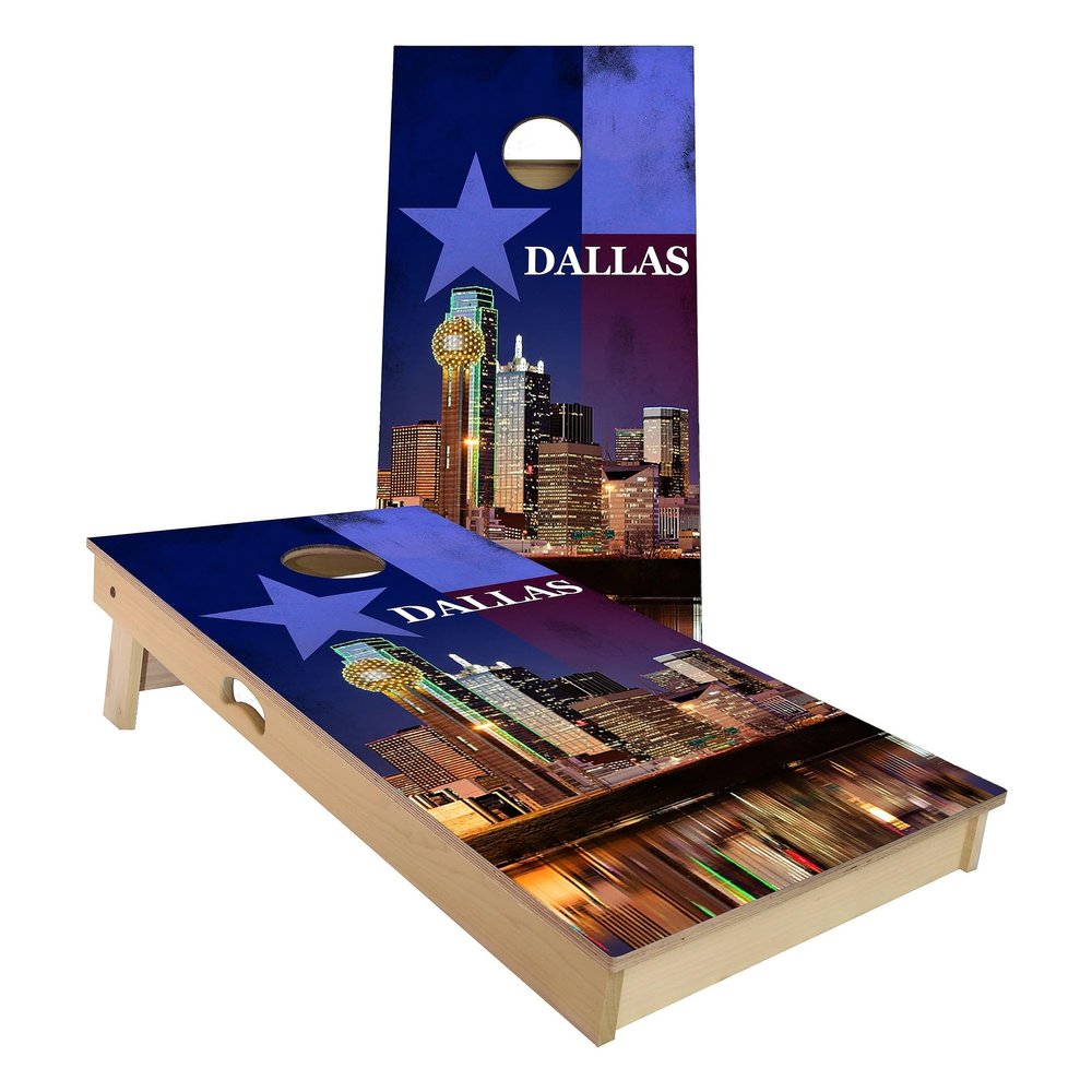 Skip's Garage Dallas City All-Weather Cornhole Board Set - Regulation 2x4 (24" x 48") - Includes (2) Boards, (8) Bags, Case & Lights