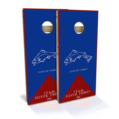 Skip's Garage Game of Throws Team Silver Trout All-Weather Cornhole Board Set - Regulation 2x4 (24" x 48") - Includes (2) Boards, (8) Bags & (2) Board Hole Lights
