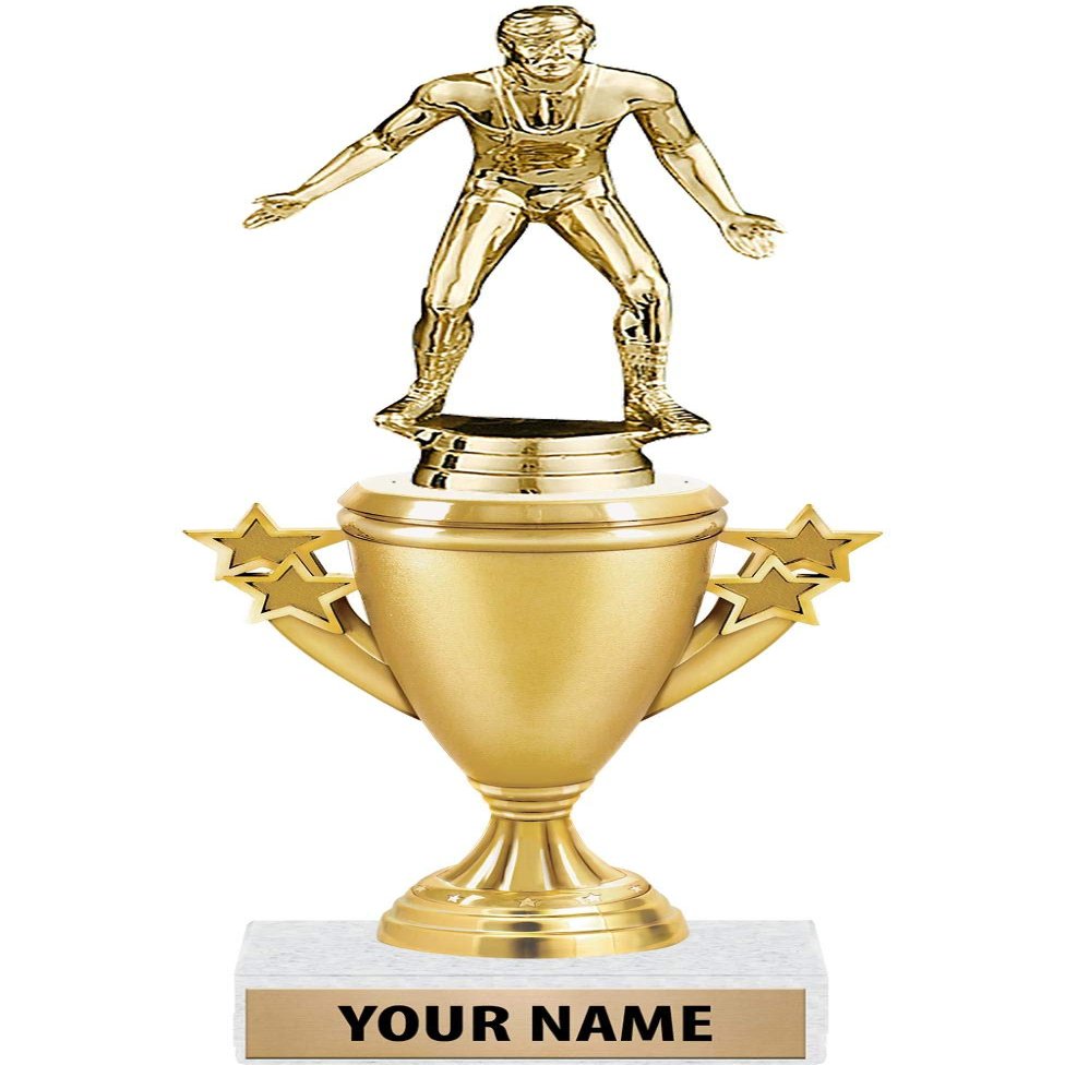 Wrestling Male Trophies - Gold - Wrestling Male Trophy Award - Custom Engraving On White Marble Base - 5 Pack Prime