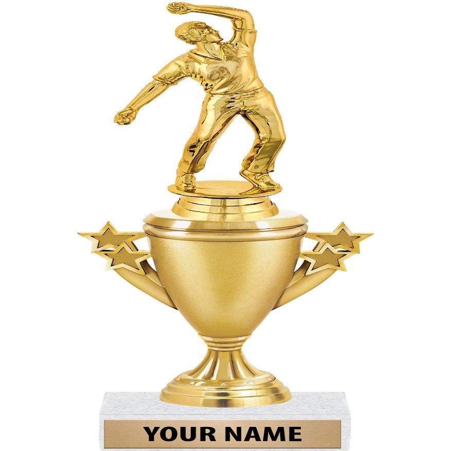 Cricket Bowler Trophies - Gold - Cricket Bowler Trophy Award - Custom Engraving On White Marble Base - 5 Pack