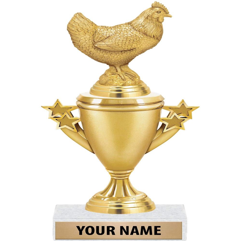 10" Chicken Trophies - Gold - Chicken Trophy Award - Custom Engraving On White Marble Base - 10 Pack