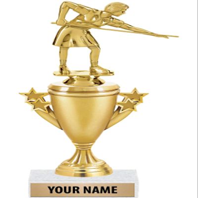 10" Billiards Female Trophies - Gold - Billiards Female Trophy Award - Custom Engraving On White Marble Base - 5 Pack Prime