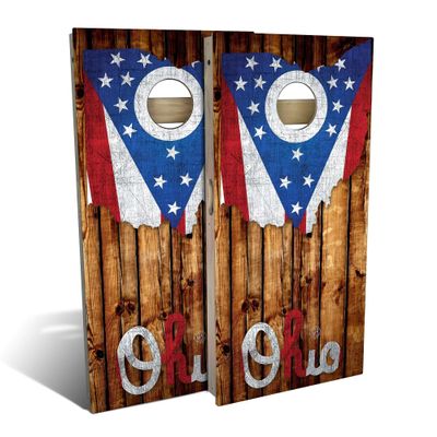 Skip's Garage Ohio Rustic Wood Flag All-Weather Cornhole Board Set - Regulation 2x4 (24" x 48") - Includes (2) Boards, (8) Bags & (2) Board Hole Lights