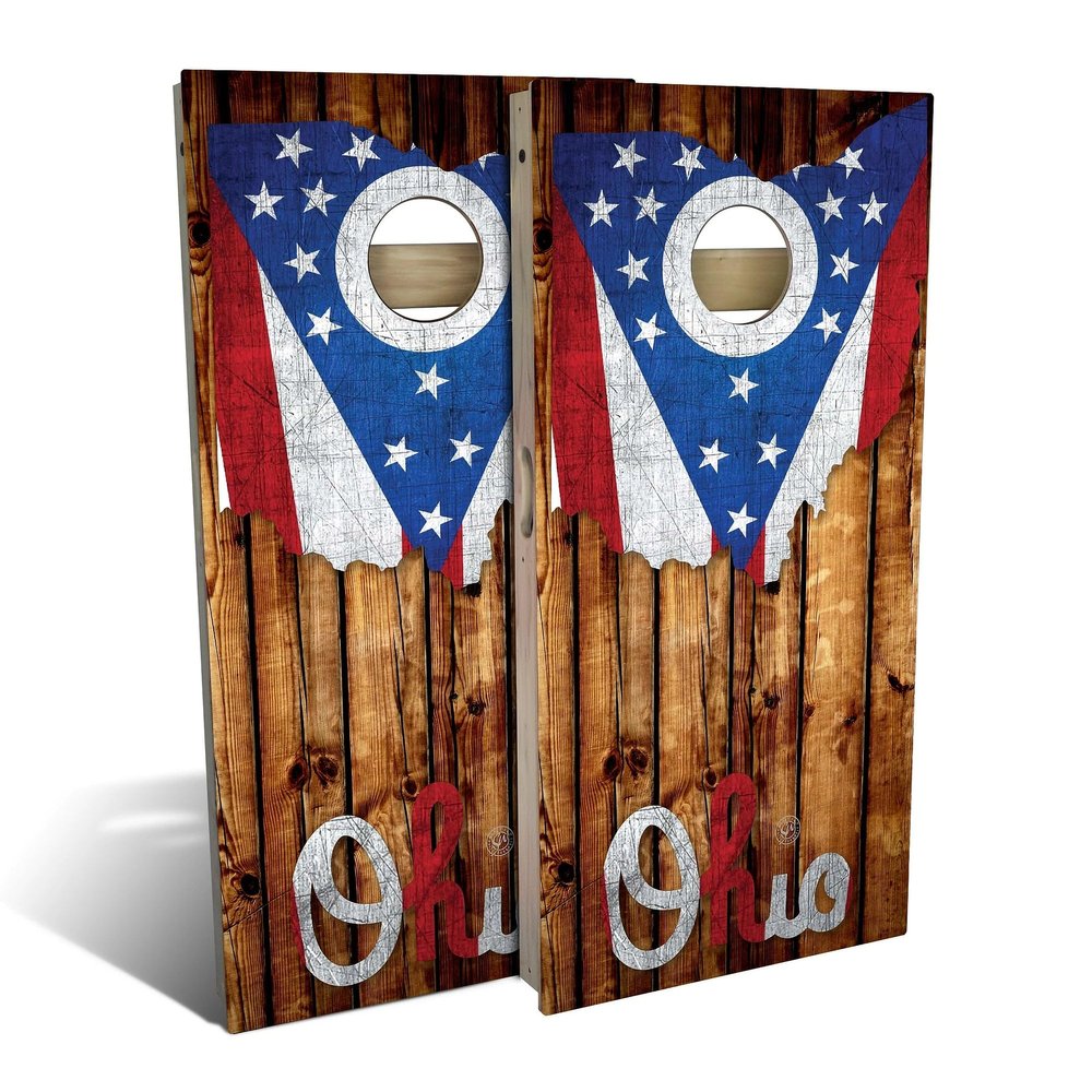 Skip's Garage Ohio Rustic Wood Flag All-Weather Cornhole Board Set - Regulation 2x4 (24" x 48") - Includes (2) Boards, (8) Bags & (2) Board Hole Lights