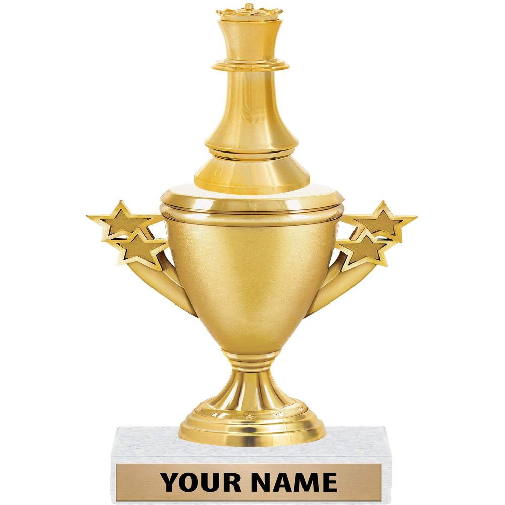 10" Chess Queen Trophies - Gold - Chess Trophy Award - Custom Engraving On White Marble Base - 5 Pack