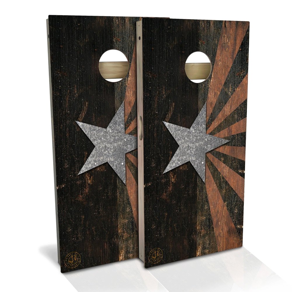 Skip's Garage Arizona Flag Rustic All-Weather Cornhole Board Set - Regulation 2x4 (24" x 48") - Includes (2) Boards, (8) Bags, (2) Board Hole Lights & 2 Board Edge Lights