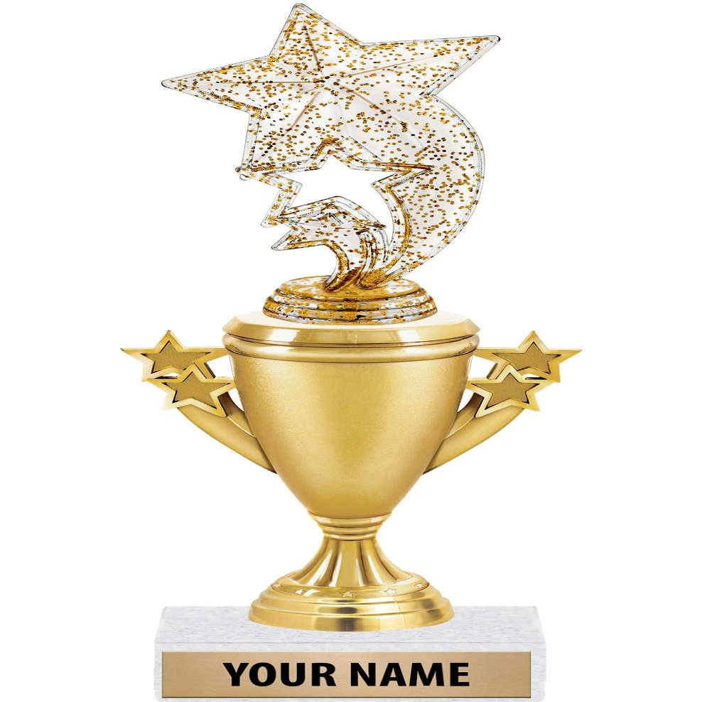Gold Star Rocket Trophies - Gold Star Rocket Trophy Award - Custom Engraving On White Marble Base - 5 Pack