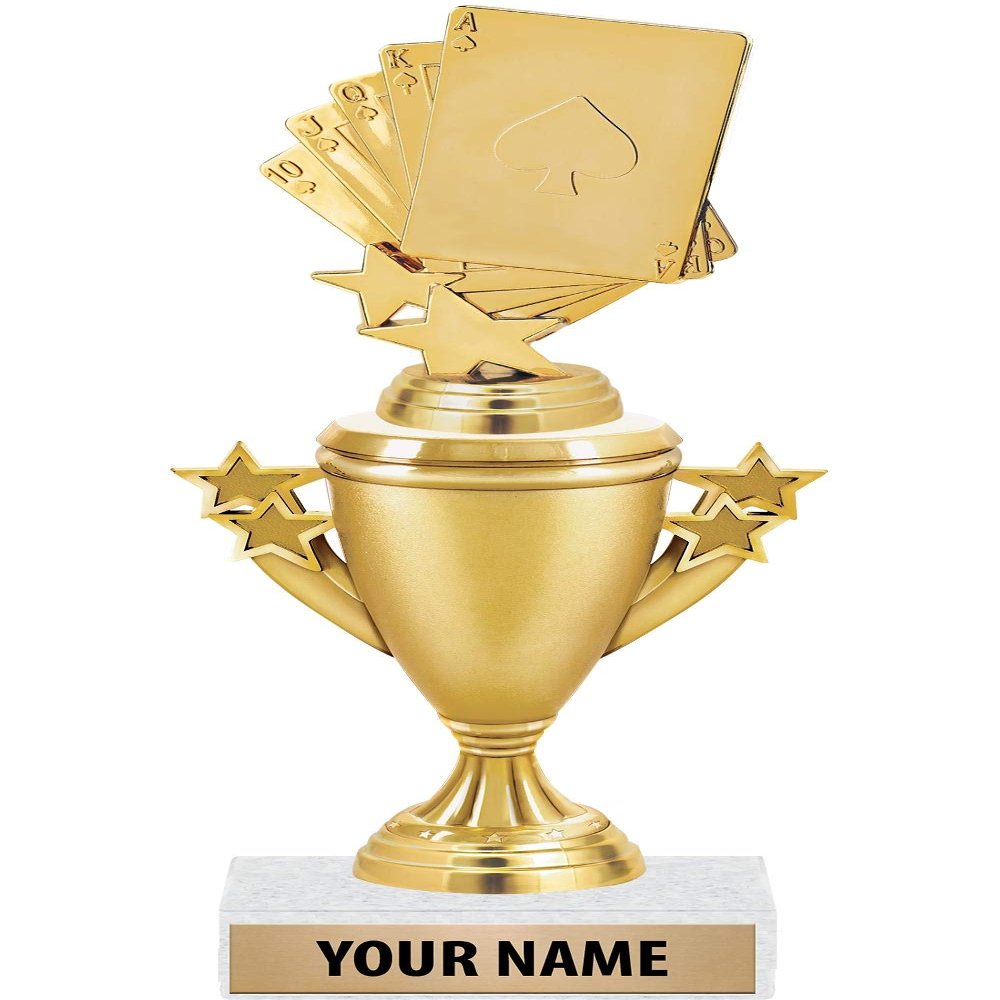Poker Trophies - Gold - Poker Trophy Award - Custom Engraving On White Marble Base - 5 Pack