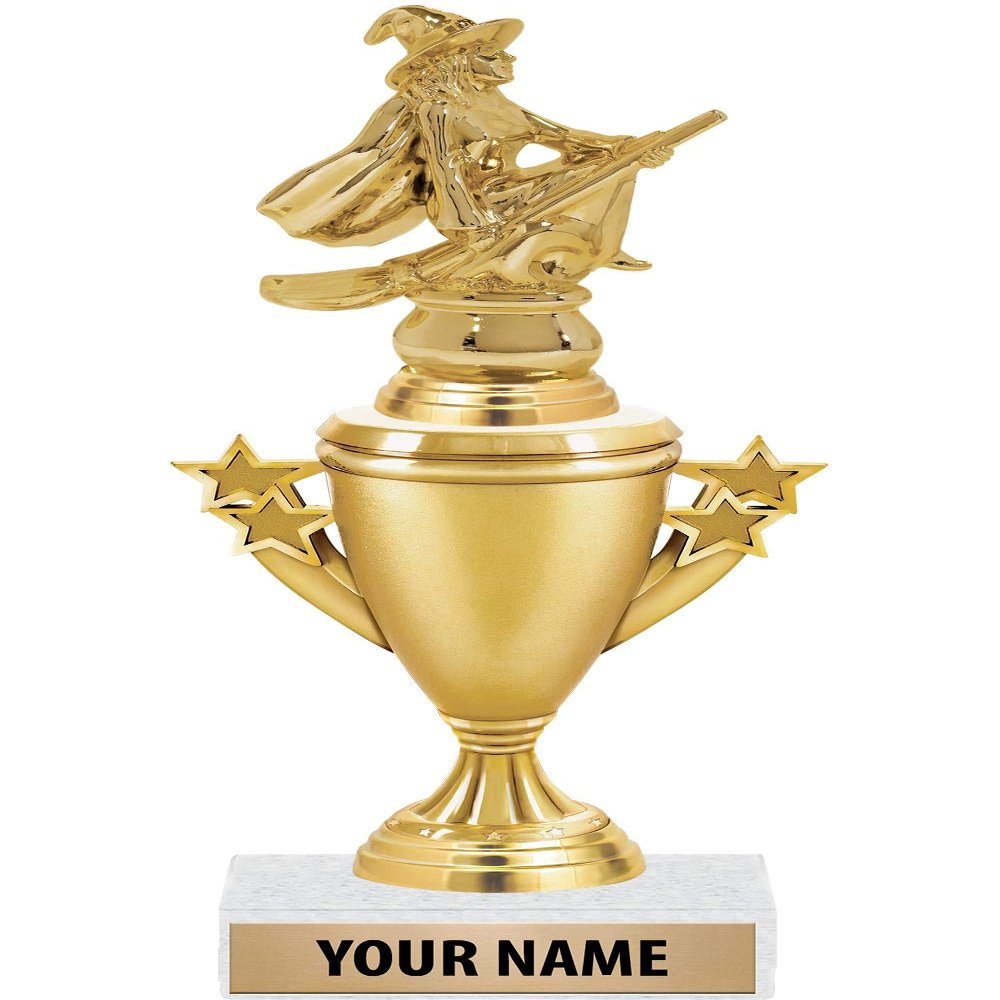 Halloween Witch Trophies - Gold - Halloween Trophy Award - Custom Engraving On White Marble Base - 5 Pack