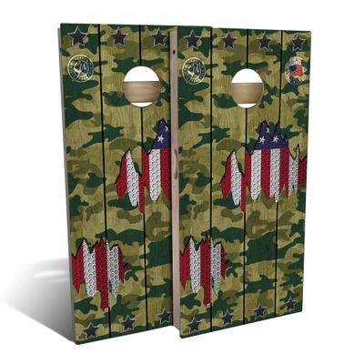 Skip's Garage American Flag Camo All-Weather Cornhole Board Set - Regulation 2x4 (24" x 48") - Includes (2) Boards, (8) Bags, (1) Carry Case & 2 Board Hole Lights