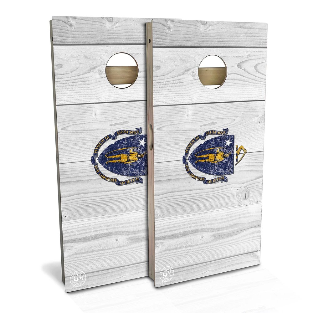 Skip's Garage Massachusetts Flag All-Weather Cornhole Board Set - Regulation 2x4 (24" x 48") - Includes (2) Boards and (8) Bags