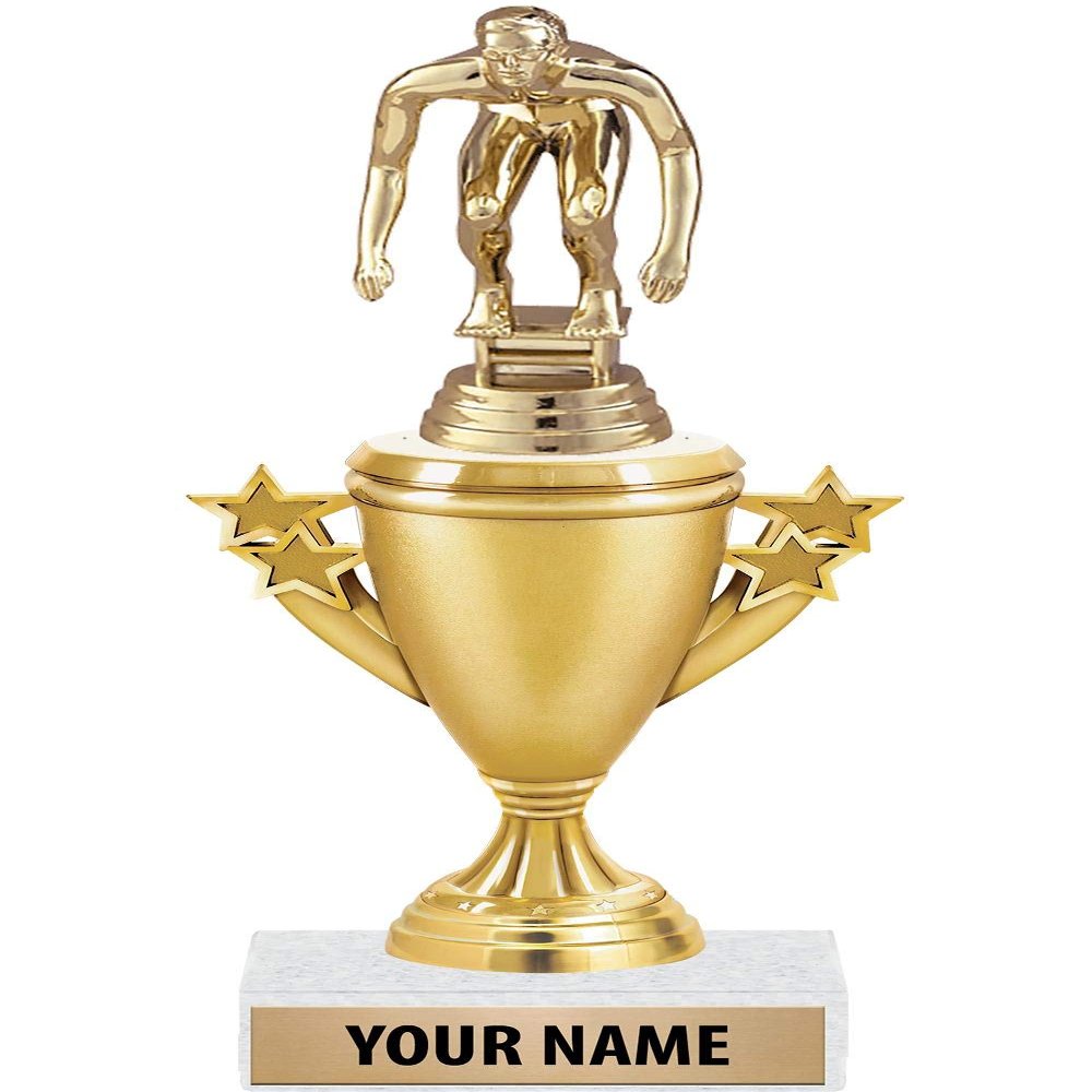 Swim Startline Male Trophies - Gold - Swimming Trophy Award - Custom Engraving On White Marble Base - 5 Pack