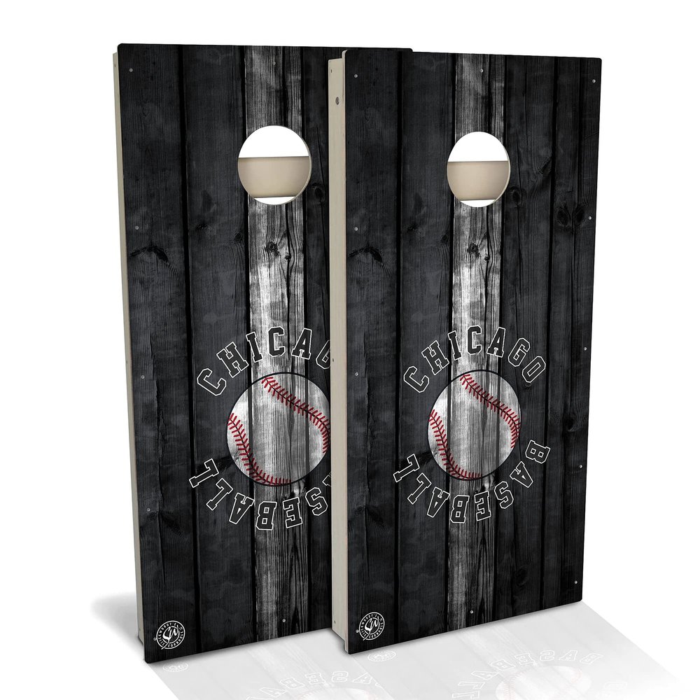 Skip's Garage Chicago Themed Baseball #2 All-Weather Cornhole Set - Regulation 2x4 Boards (24" x 48") - Includes (2) Boards, (8) Bags & (2) Board Hole Lights