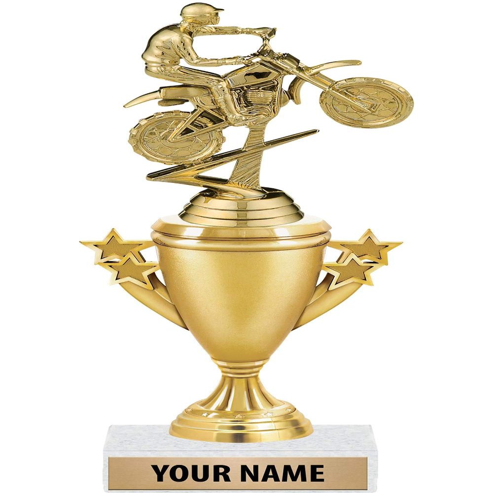 10" Dirt Bike Trophies - Gold - Dirt Bike Trophy Award - Custom Engraving On White Marble Base - 10 Pack Prime