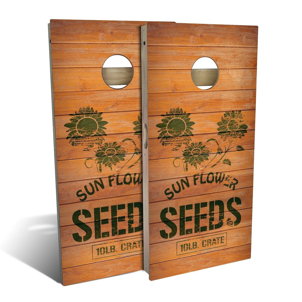 Skip's Garage Country Living Sunflower Crate All-Weather Cornhole Board Set - Regulation 2x4 (24" x 48") - Includes (2) Boards, (8) Bags, Case & Lights