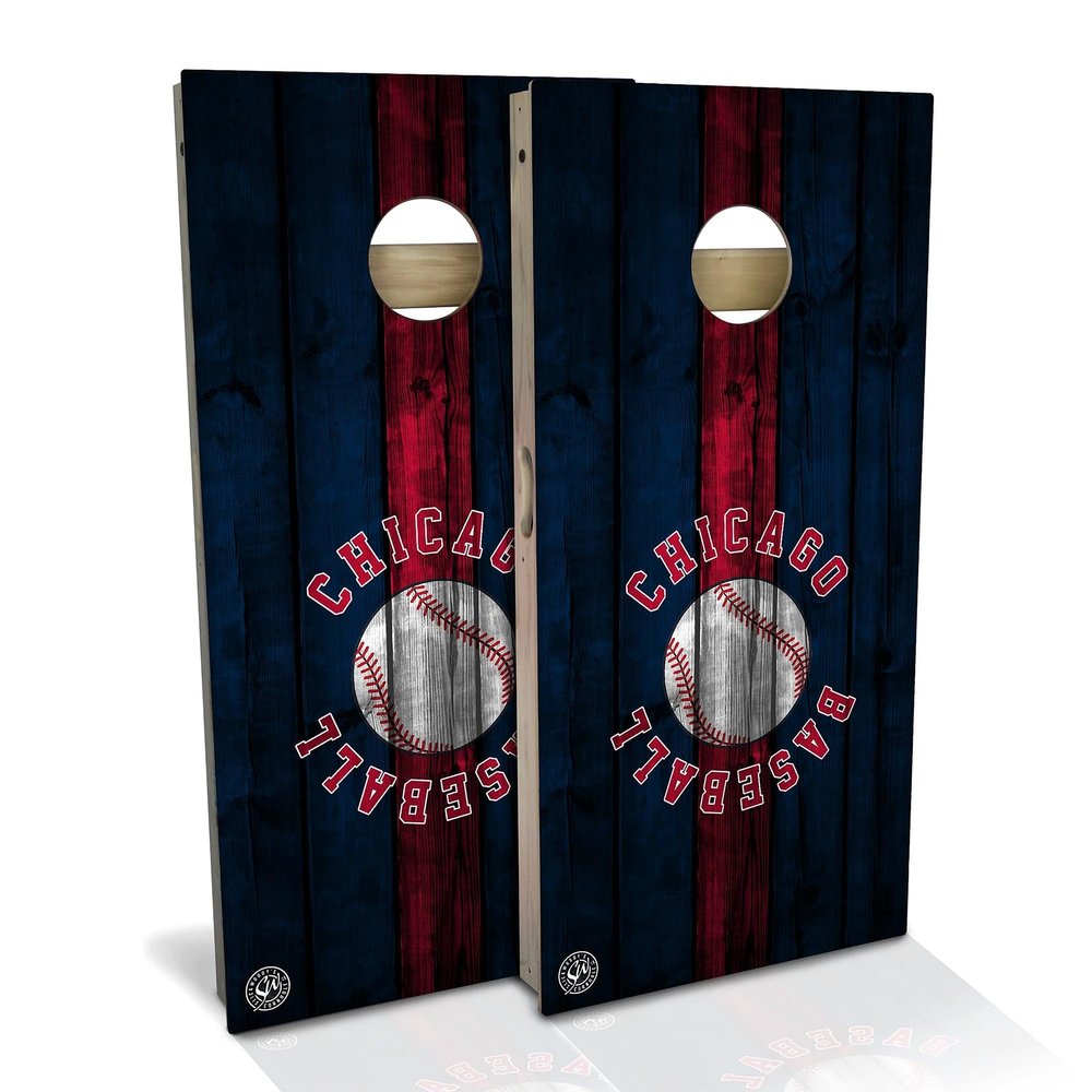 Skip's Garage Chicago Themed Baseball All-Weather Cornhole Set - Regulation 2x4 Boards (24" x 48") - Includes (2) Boards, (8) Bags, Case & Lights